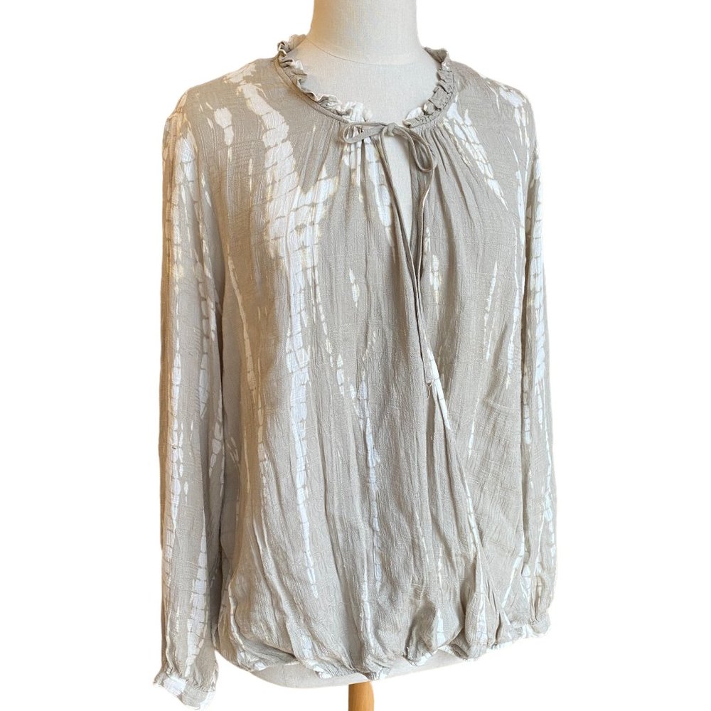 Knox Rose Boho Tie Dye Surplice Faux Wrap Ruffle Crossover Khaki Blouse Shirt-XL
